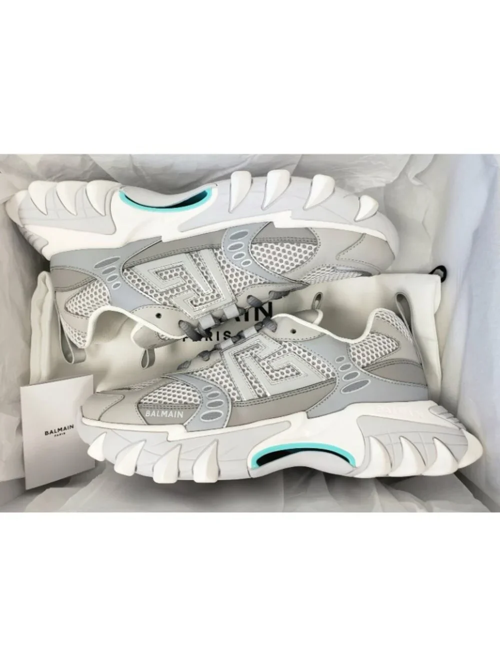 Balmain B-East Men's Low Top Sneaker Shoes Grey Turquoise Size 42 / US 9 - Italy